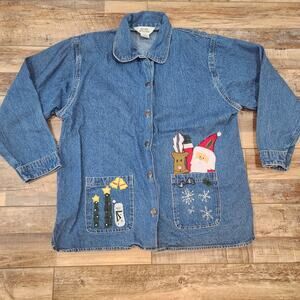 Vintage Natural Impressions Womens Denim Christmas Santa Long Sleeve Jacket XL